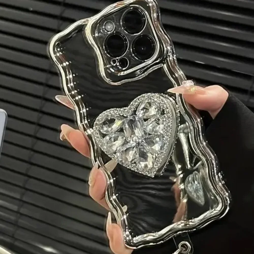 iPhone Plus Pro Max 14 13 12 11 Case- Silvery Mirror Rhinestone Stand Design